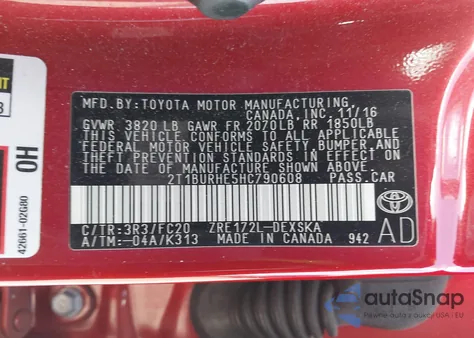 2017 Toyota Corolla Se from USA, damaged, VIN 2T1BURHE5HC790608